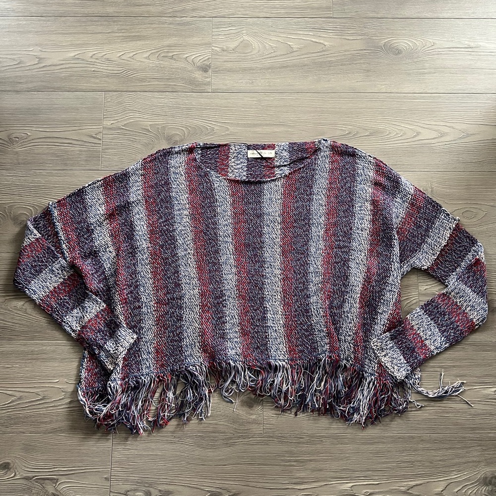 NATURAL LIFE Red, Gray & Cream Striped Fringe Hem Crewneck Sweater